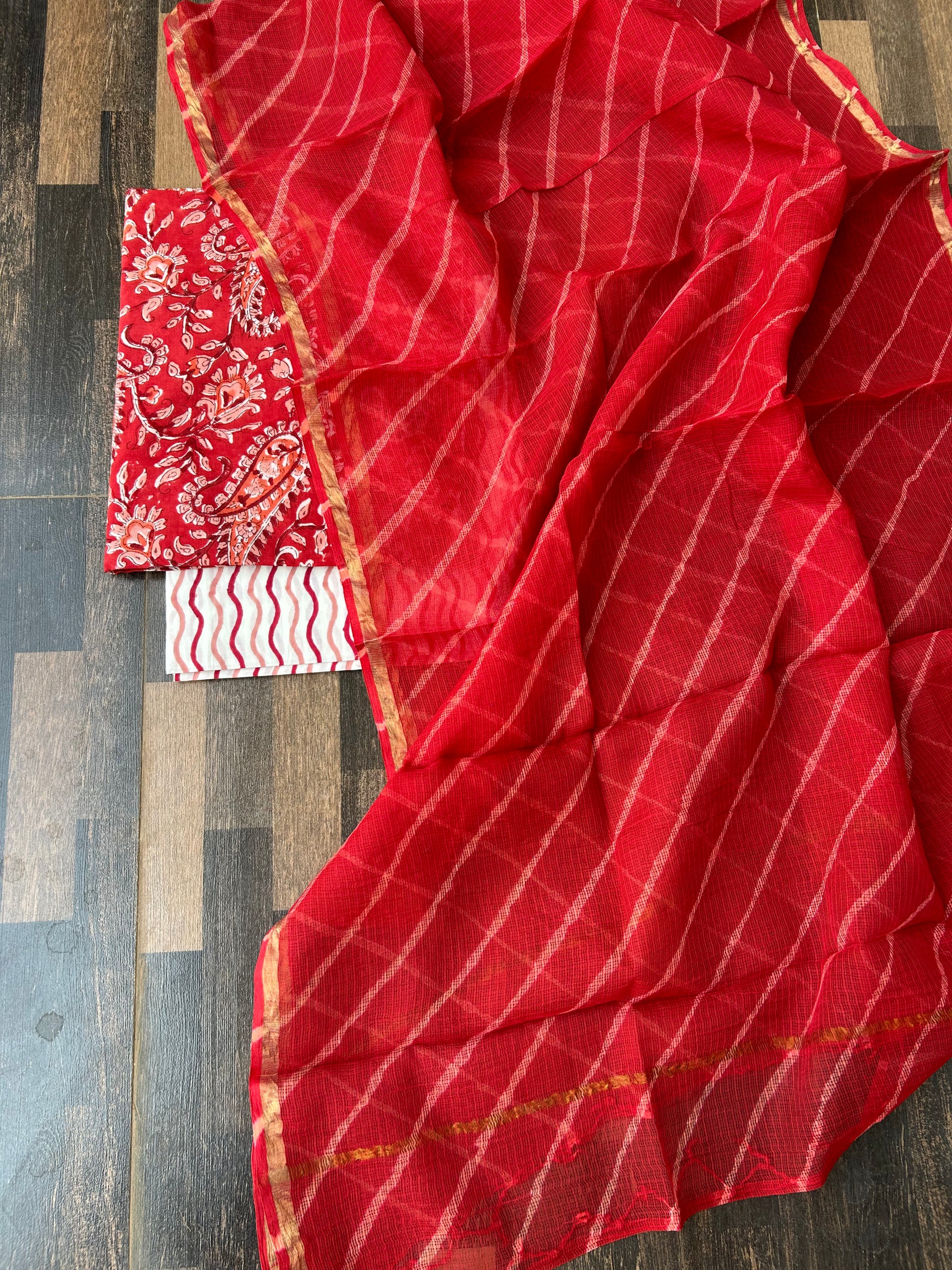 Cotton Hand BlockPrint Dress Material with Lehariya Kota DUpatta