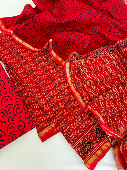 Red Sanganeri Chanderi Dress Material