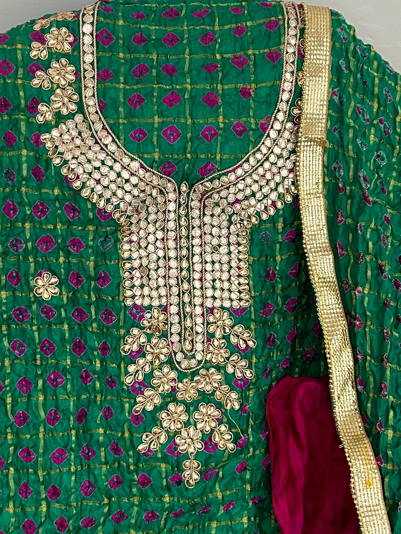 Bandhej garchola dress material with Gota Patti work