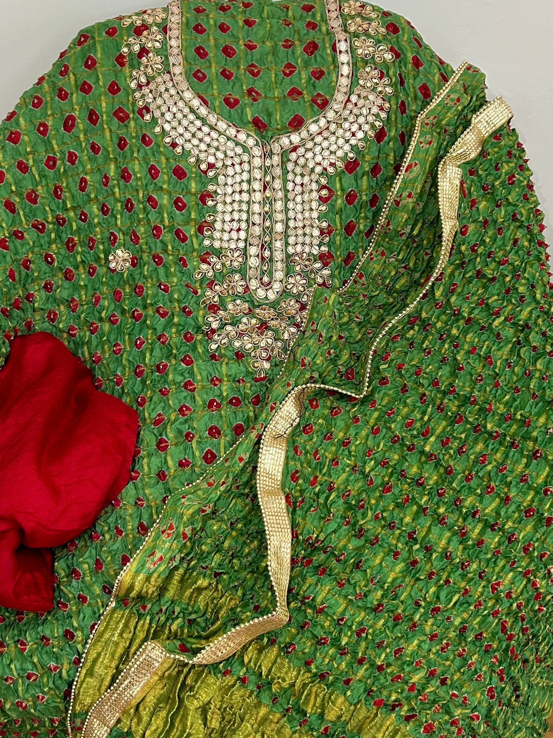 Garchola bandhej dress material with gotapatti work