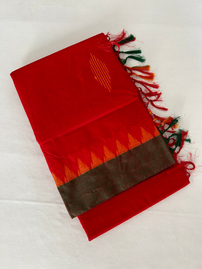 Red Green Cotton Silk Saree with Temple Border