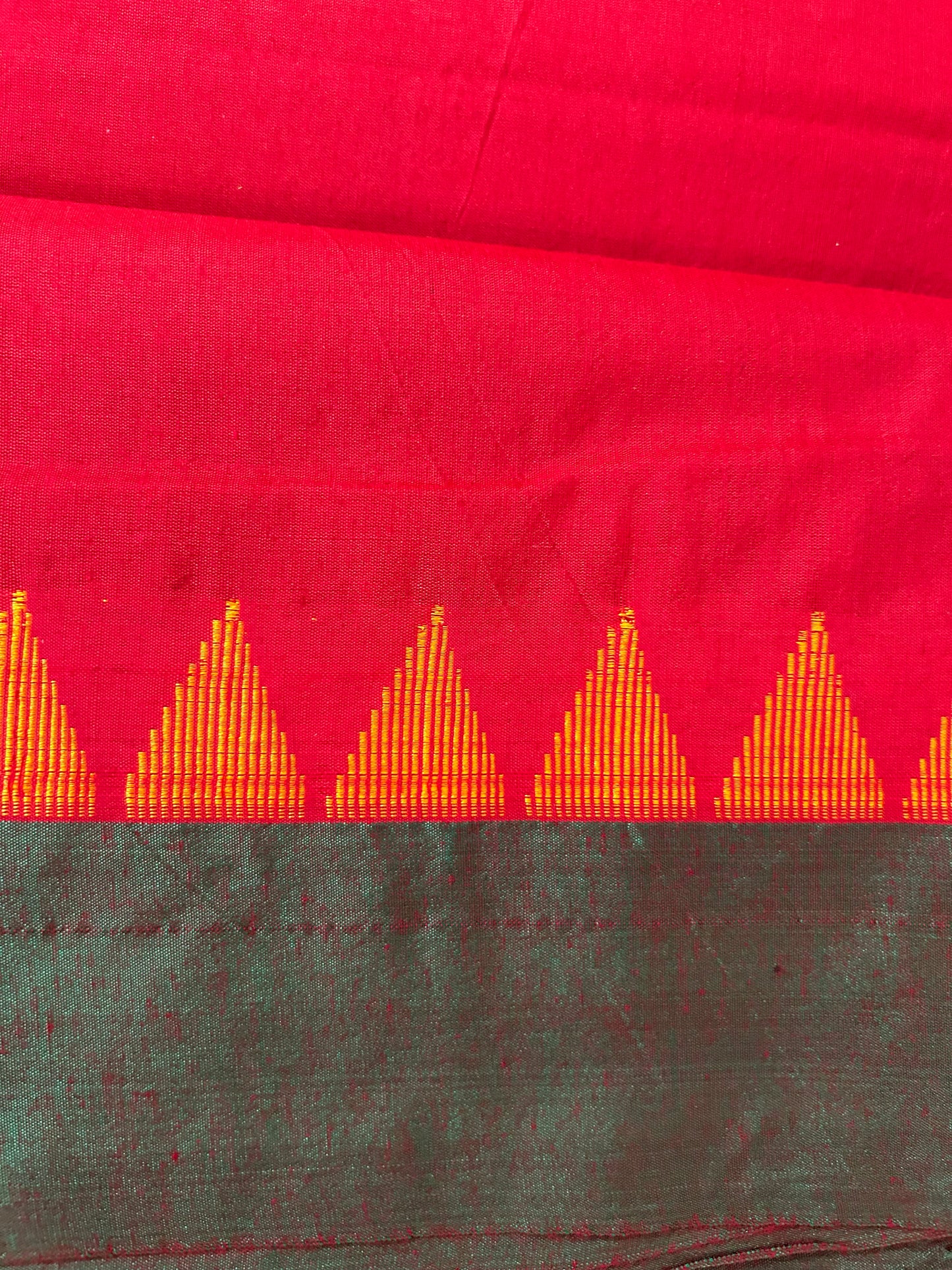 Red Green Cotton Silk Saree with Temple Border