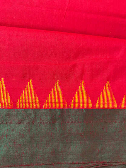 Red Green Cotton Silk Saree with Temple Border