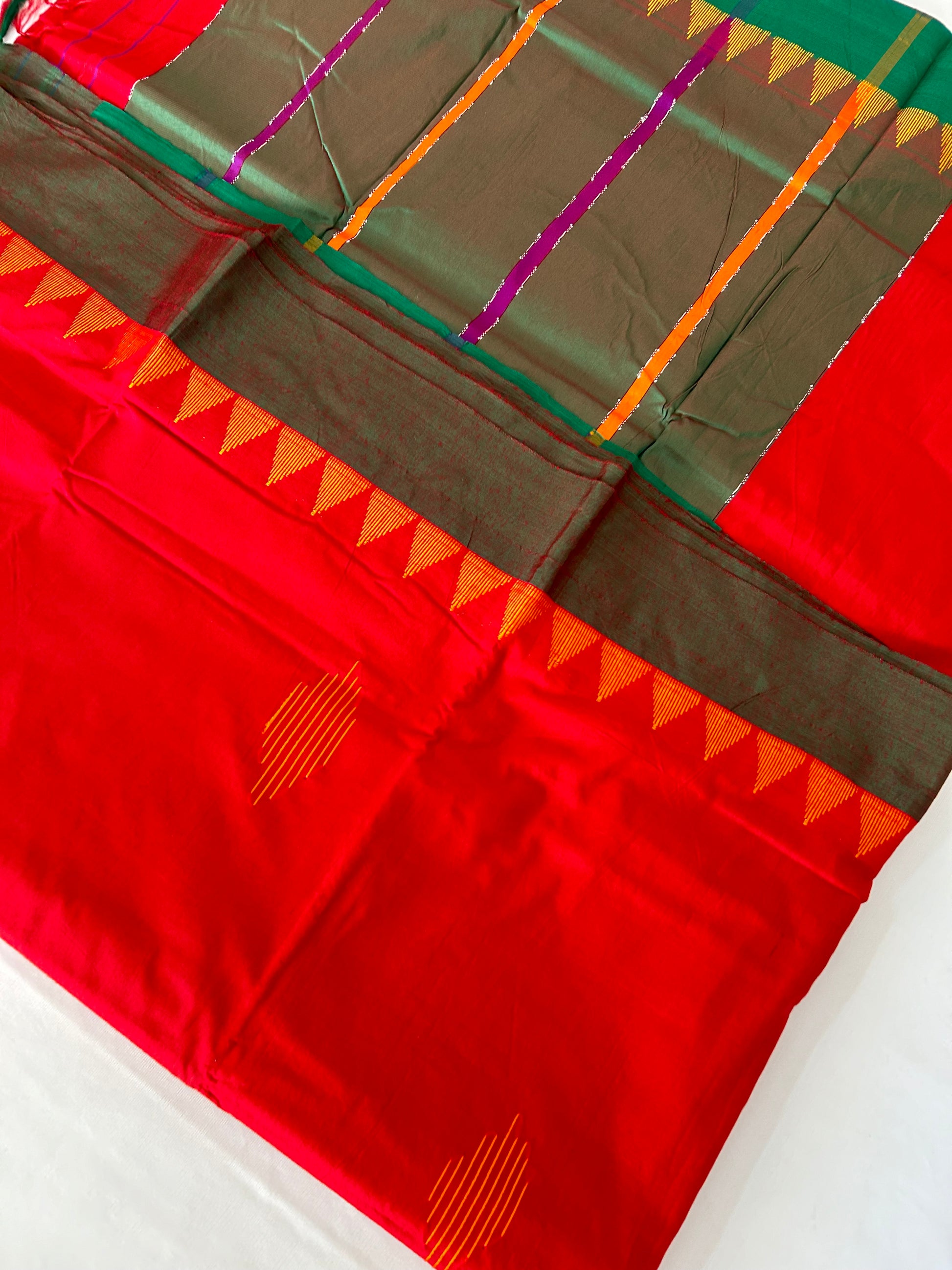 Red Green Cotton Silk Saree with Temple Border