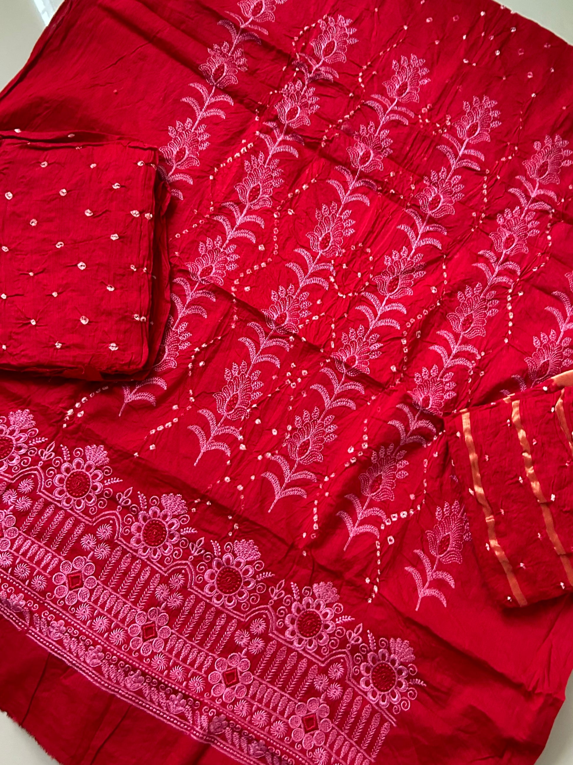 Red Embroidered Cotton Bandhej Dress Material