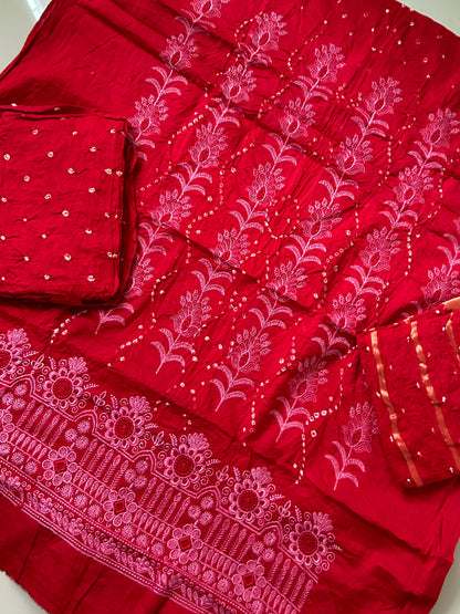 Red Embroidered Cotton Bandhej Dress Material