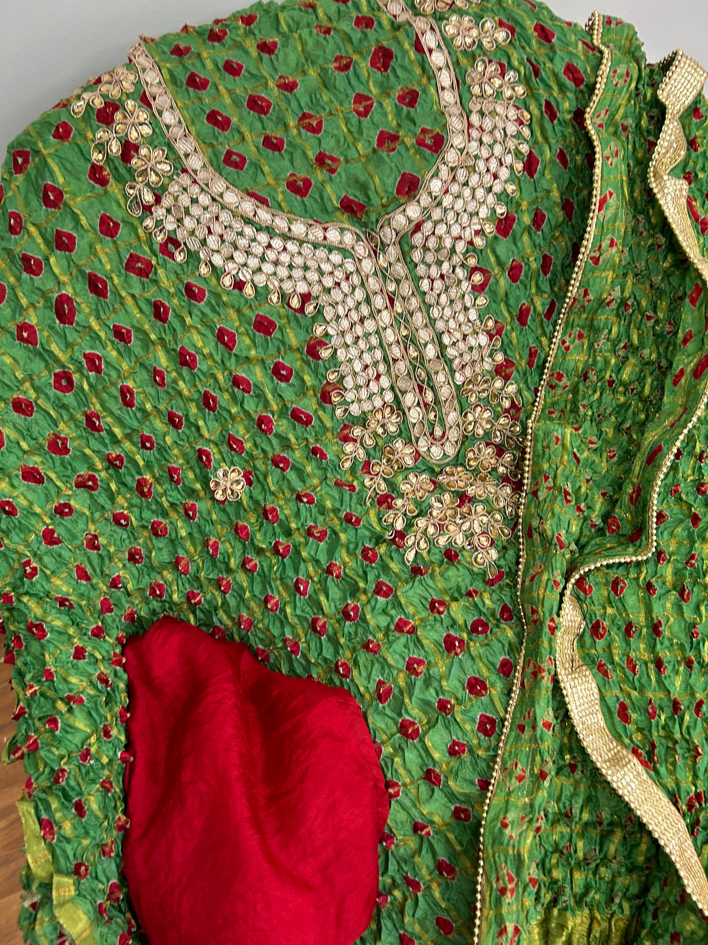 Garchola bandhej dress material with gotapatti work