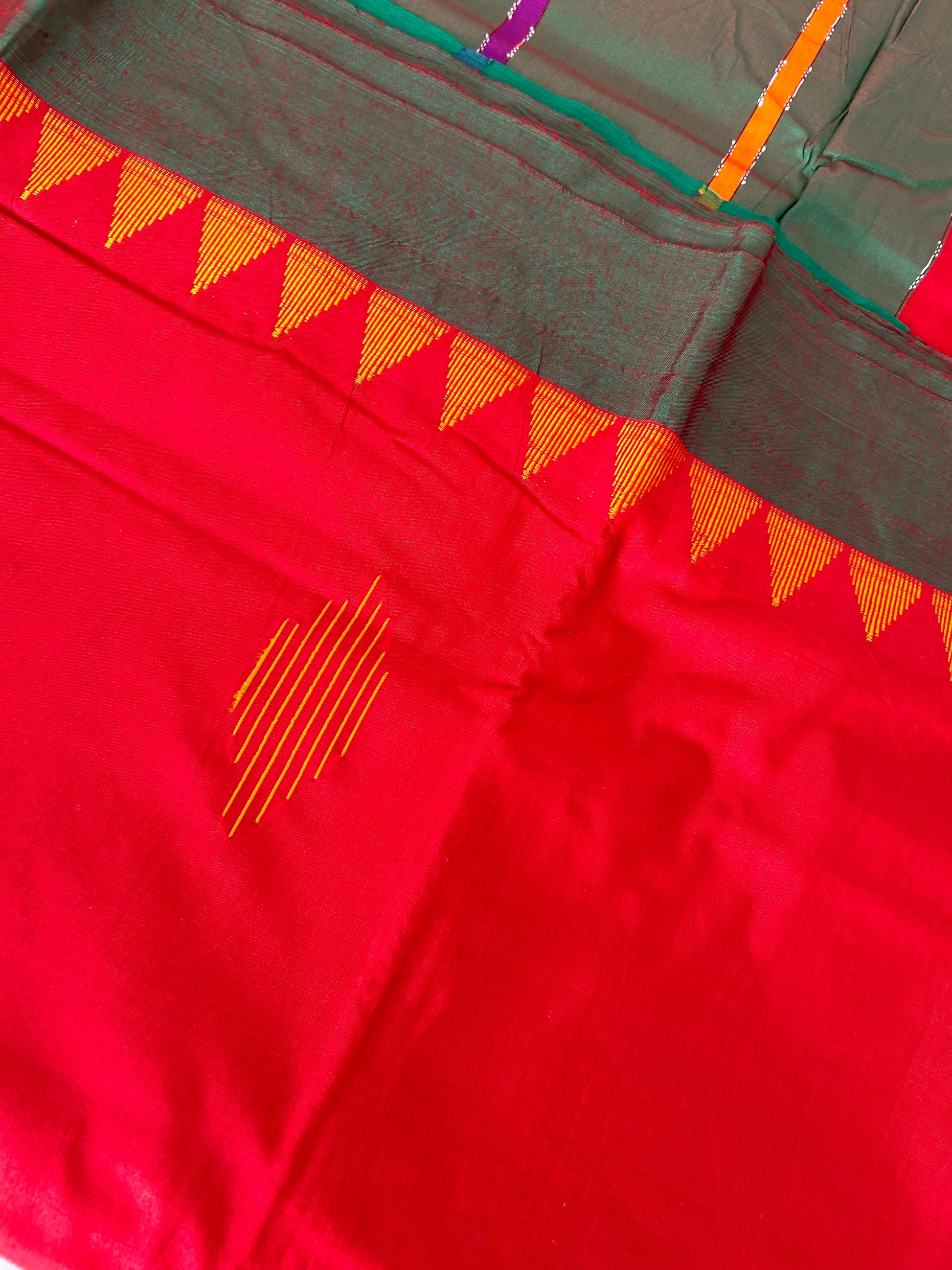 Red Green Cotton Silk Saree with Temple Border