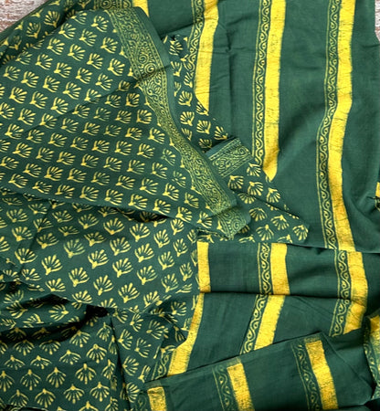 Green Akola Hand Block Print Mal Cotton Saree with Blouse
