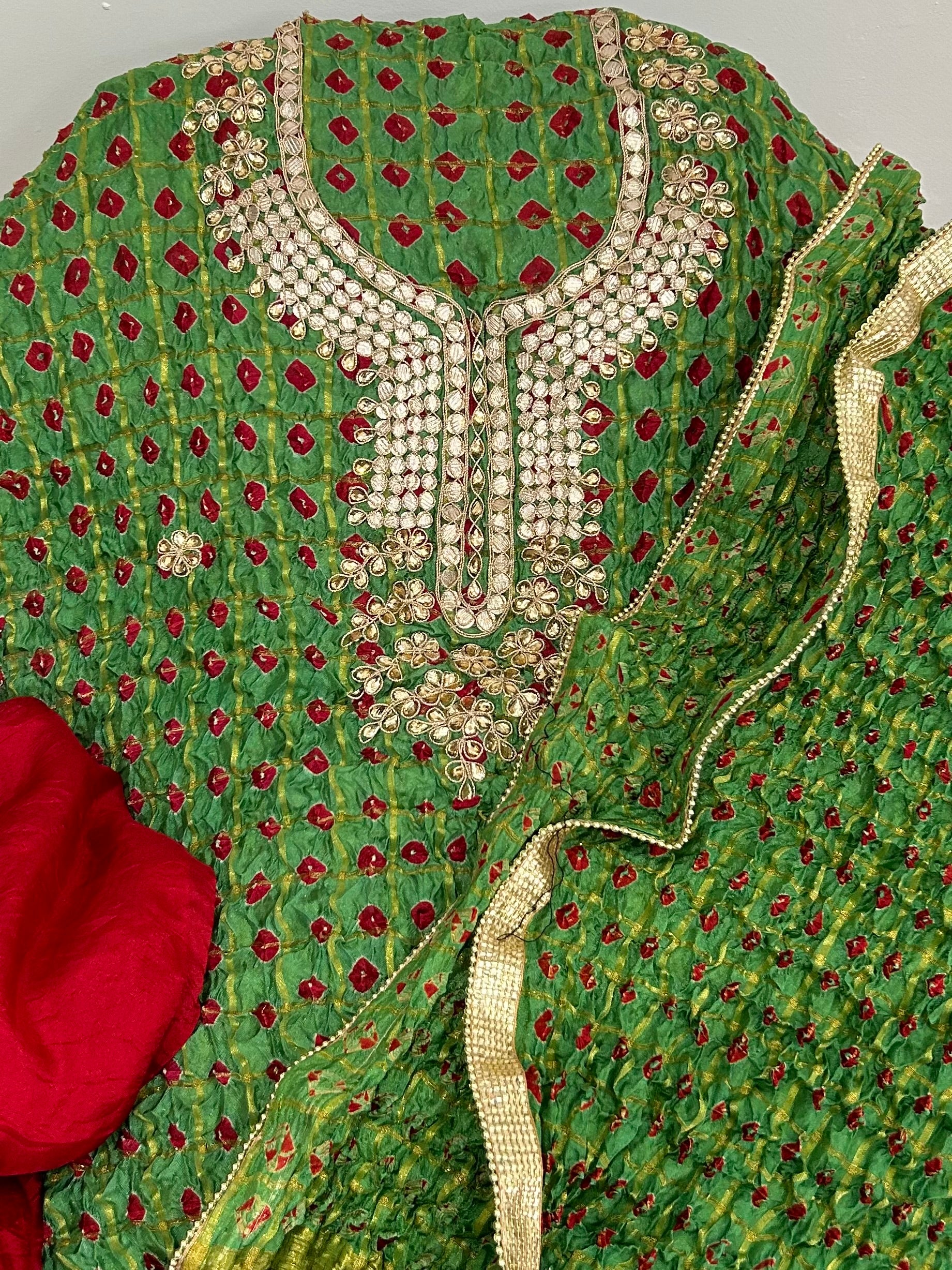 Garchola bandhej dress material with gotapatti work