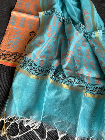 Hand Block Print Silk Cotton Top Dupatta Set