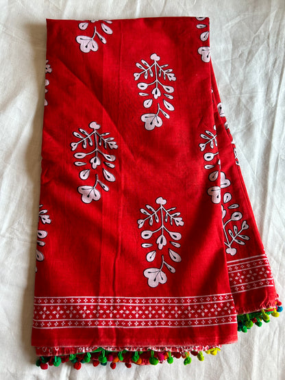 Hand Block Print Cotton Saree with Pompoms