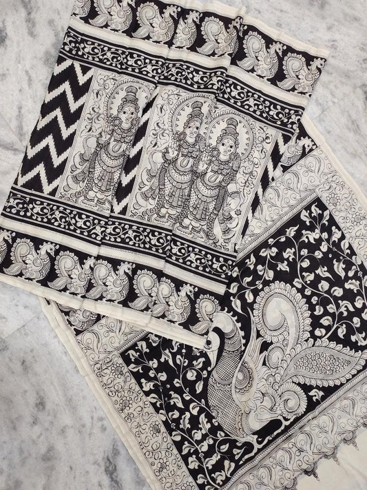 Kalamkari Hand Painted Malmal Cotton Saree with Blouse