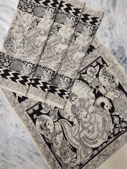 Kalamkari Hand Painted Malmal Cotton Saree with Blouse