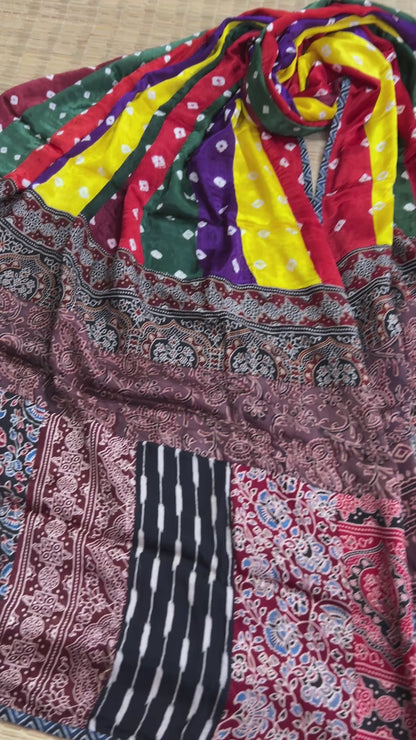 Ajrakh Bandani Patch Work Modal Silk Dupatta (D60)