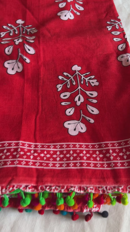 Hand Block Print Cotton Saree with Pompoms