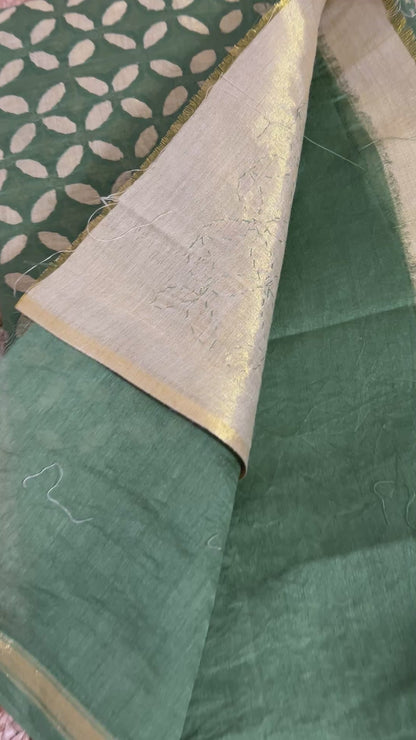 Green Appliqué Work Chanderi Silk Kurti Fabric