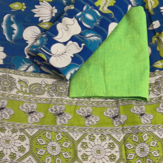 Green Blue Kalamkari Cotton Dress Material