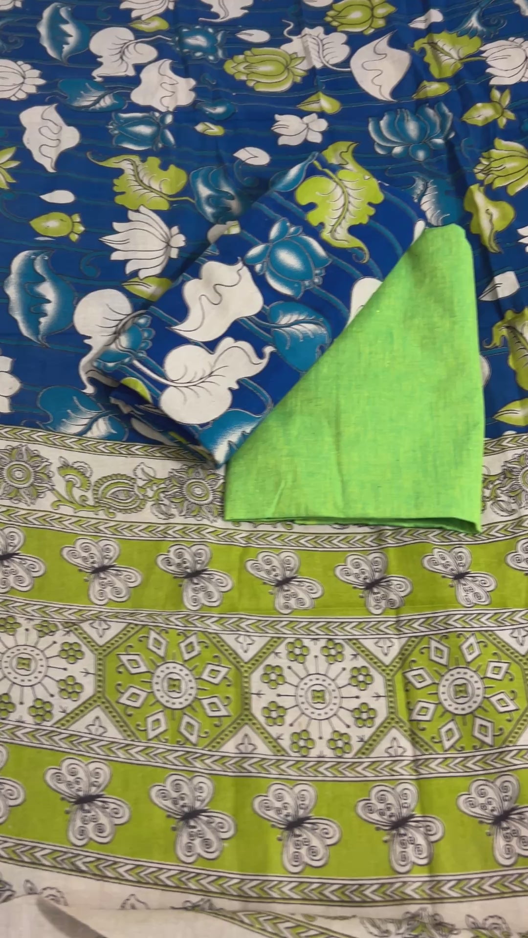 Green Blue Kalamkari Cotton Dress Material
