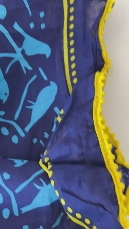 Indigo Bagru Hand Block Print Cotton Saree with Pompoms