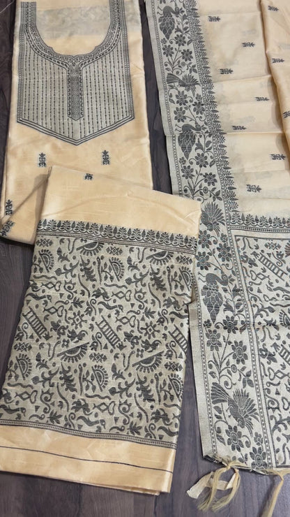 Blend raw silk dress material with all over weaving