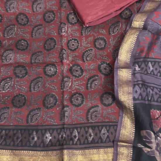 Hand Block Print Maheshwari Silk Dress Material with Shantoon Bottom