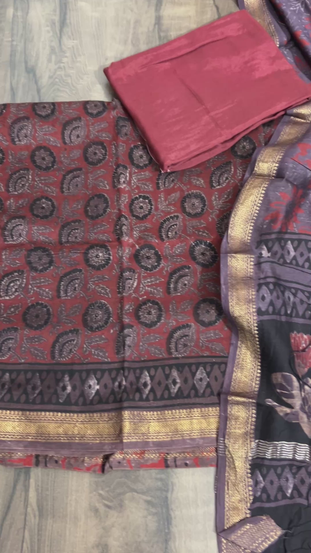 Hand Block Print Maheshwari Silk Dress Material with Shantoon Bottom