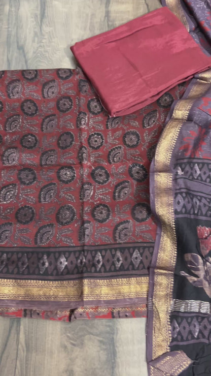Hand Block Print Maheshwari Silk Dress Material with Shantoon Bottom