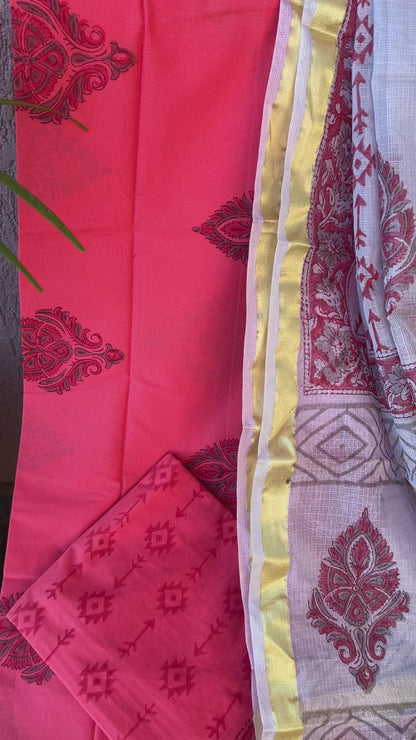 Bagru Printed Cotton Dress Material with Kota Silk Dupatta