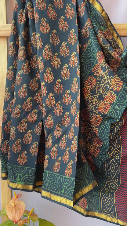 Cotton Hand Blockprint Saree with zari border