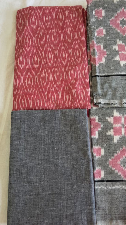 Pink Grey Telia Rumal Double Ikat Mercerised Cotton Dress Material