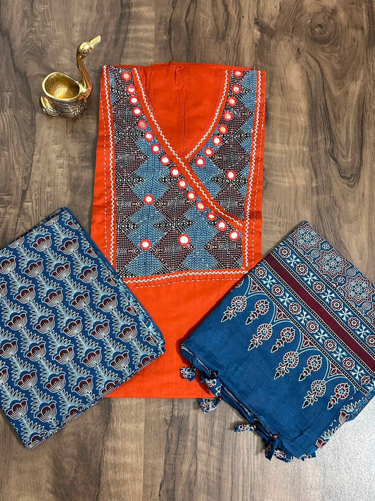 Ajrakh Cotton Dress Material with Original Mirror Work