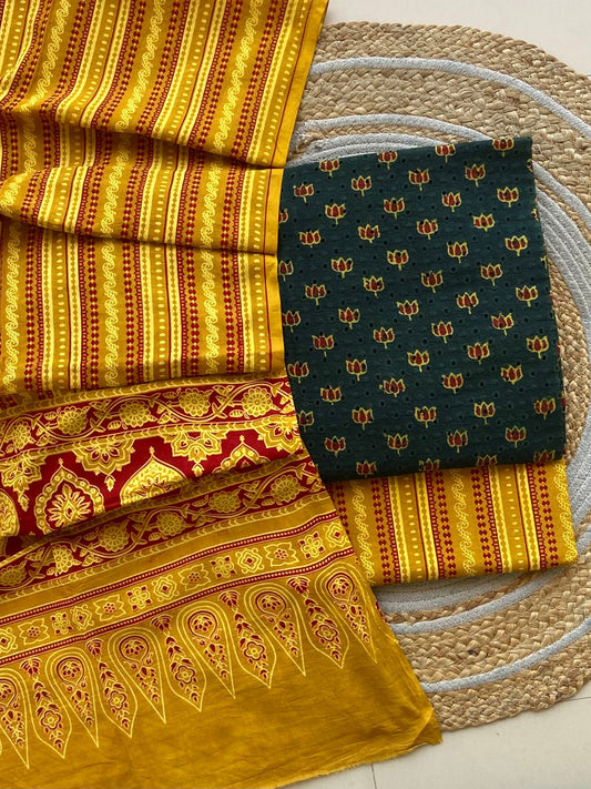 Ajrakh Cotton Dress Material with Hakoba Top