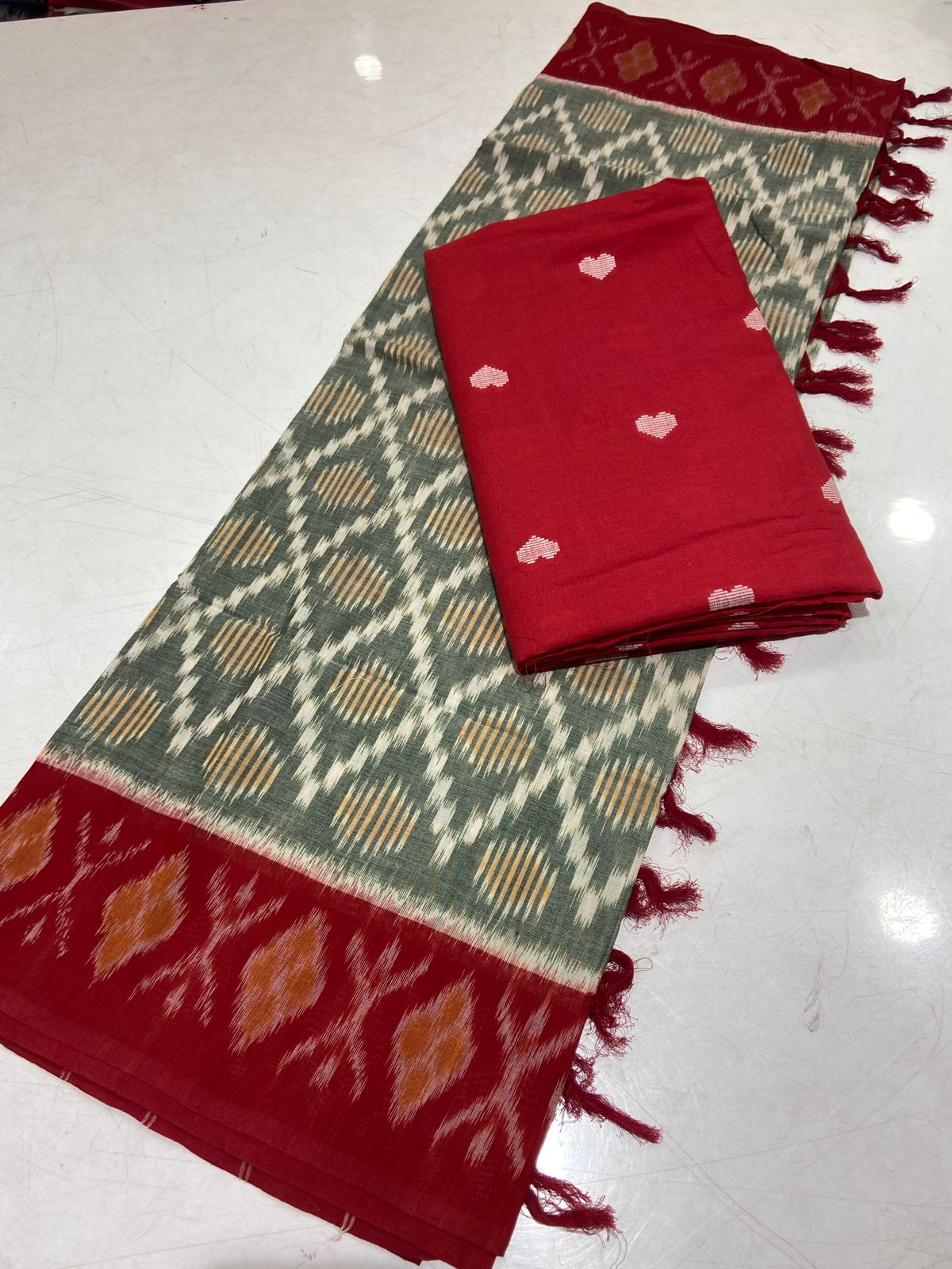 Handloom Cotton weaving booti Top with Ikat Cotton Dupatta
