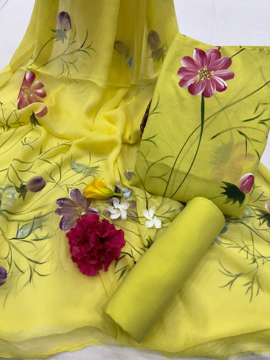 Hand Painted Cotton Dress material with Chiffon Dupatta *