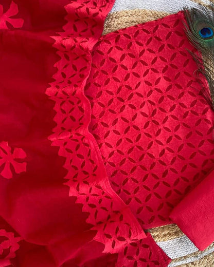 Red Appliqué Work Cotton Dress Material