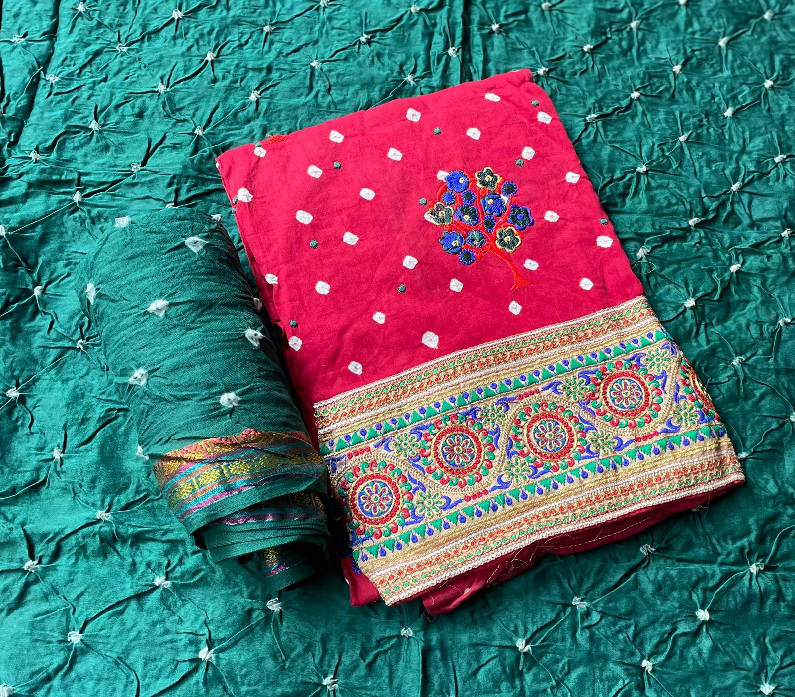 Embroidered Cotton Bandhej Dress Material