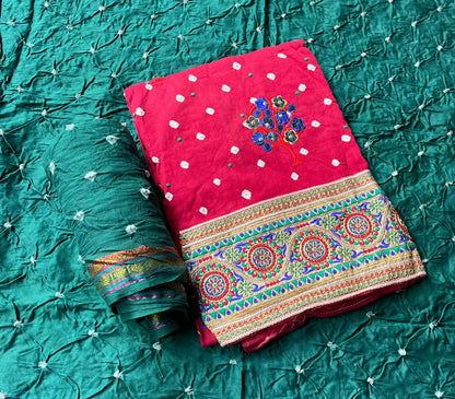 Embroidered Cotton Bandhej Dress Material