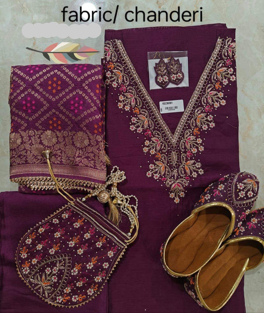 Banarasee Dress Material with matching Potli, jootis and danglers