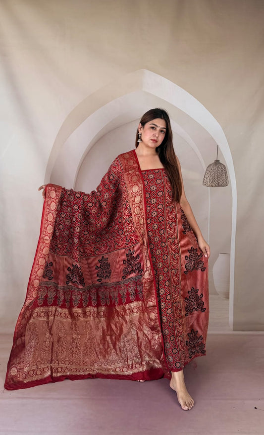 Ajrakh Dola Silk Dress Material