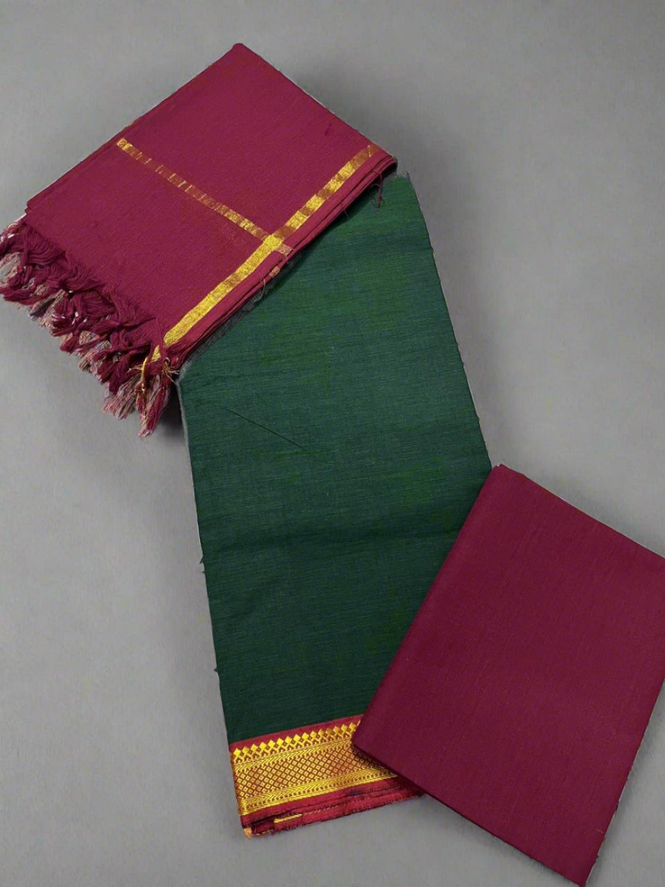 Green Maroon Mangalagiri Cotton Dress Material with zari border