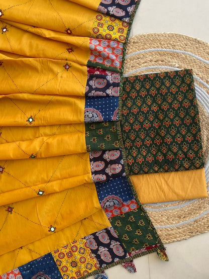Ajrakh Cotton Dress Material with Mirror work Dupatta