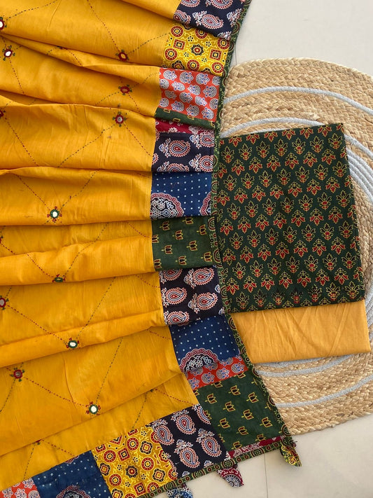 Ajrakh Cotton Dress Material with Mirror work Dupatta