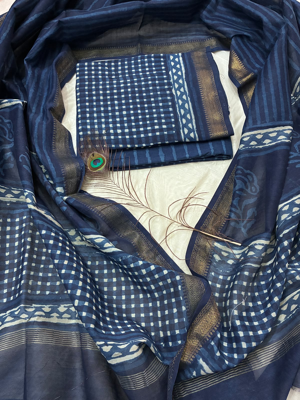 Indigo Hand BlockPrint Maheshwari Silk Cotton Dress Material