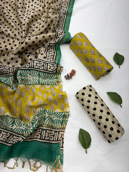 Hand Block Printed Chanderi Silk Cotton Dress Material with Shantoon Bottom