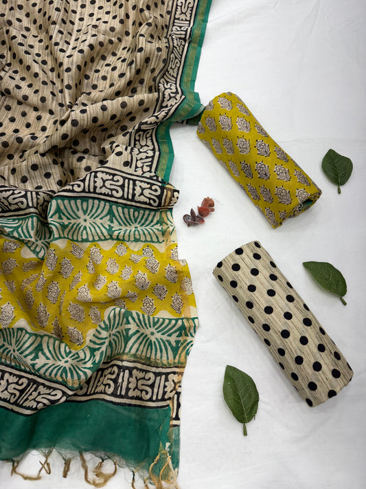 Hand Block Printed Chanderi Silk Cotton Dress Material with Shantoon Bottom