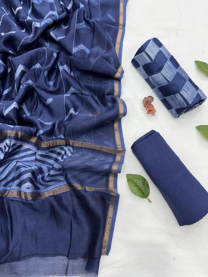 Needle Shibori Chanderi Silk Cotton Dress Material with Shantoon Bottom