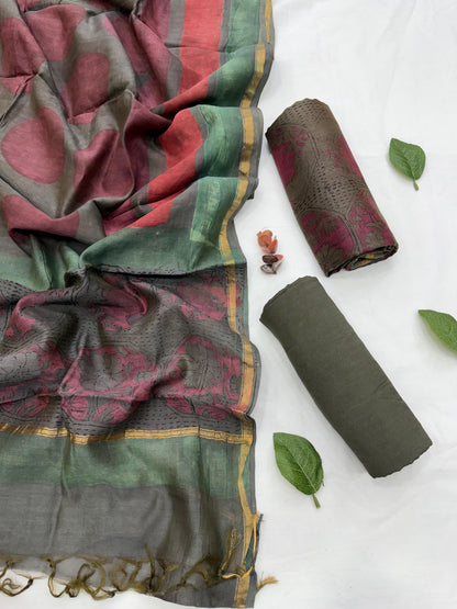 Hand Block Printed Chanderi Silk Cotton Dress Material with Shantoon Bottom