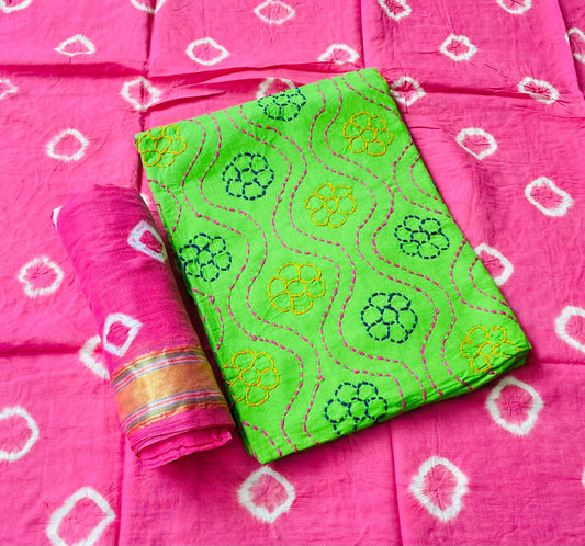 Embroidered Cotton Bandhej Dress Material