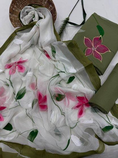 Hand Painted Cotton Dress Material with Chiffon Dupatta